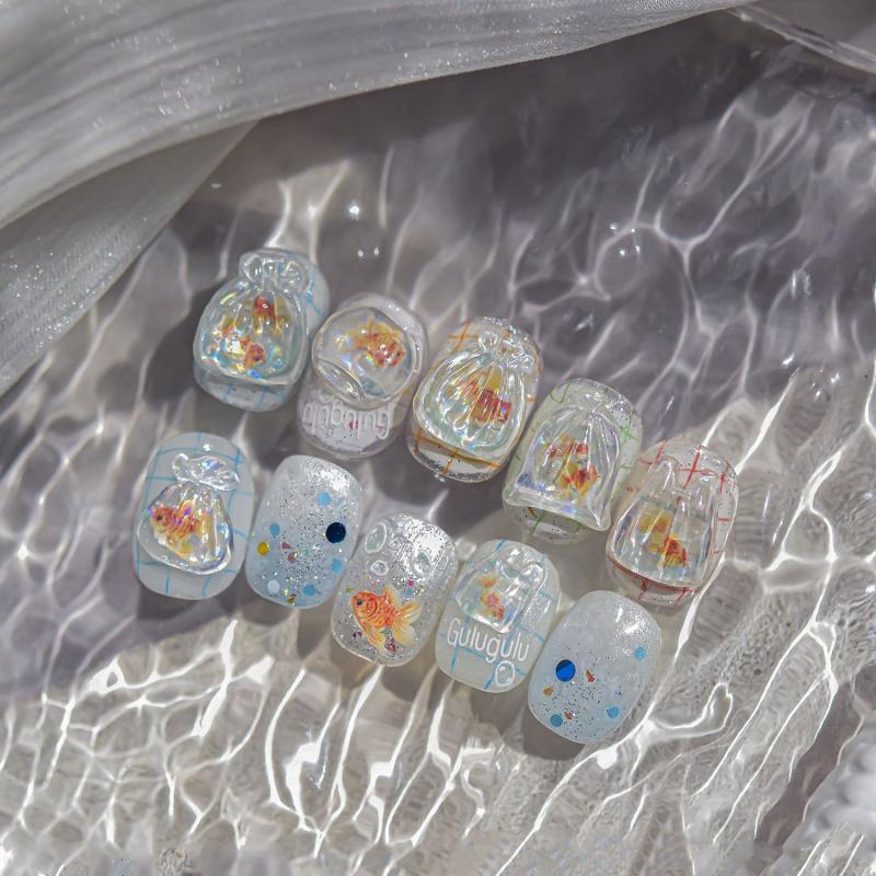 Shiny Goldfish Plastic Bag Seahorses Summer Jellyfish Starfish Shell Conch Koi Water Bubble Star Carp Nail Art Stickers Decals