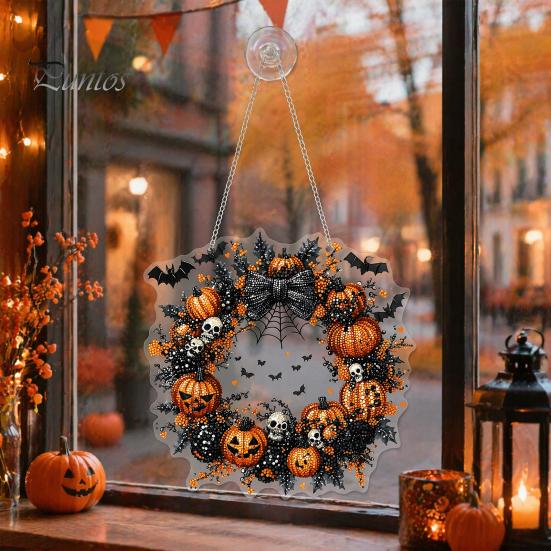 Durable Halloween Porch Decoration Pumpkin Pendant with Hanging Chain Waterproof Acrylic Welcome Front Door Sign for Window Wall Indoor Outdoor