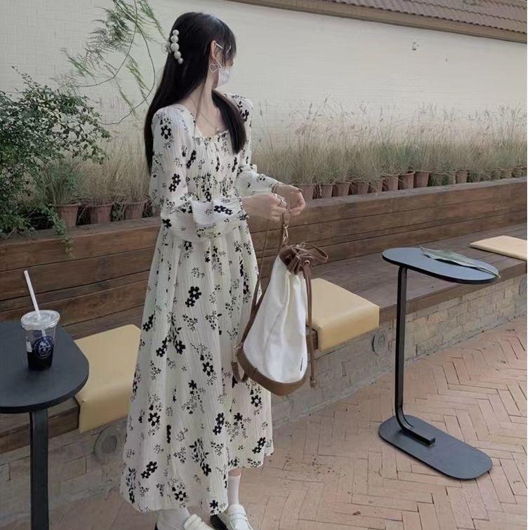 

Длинное темпераментное милое цветочное платье весна-осень с квадратным вырезом, юбка с завышенной талией, женское 2XL абрикосовый