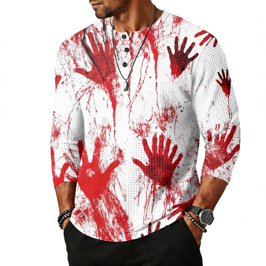 Men's Casual Halloween Print Henley Shirt Raglan Three Quarter Sleeve Top Lightweight Breathable Fabric Comfortable Fit