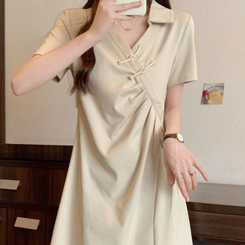 Elegant Folds Asymmetrical Dresses V-Neck Women's Clothing Stylish Vintage Chinese Disc Buckle Summer A-Line Waist Midi Dress
