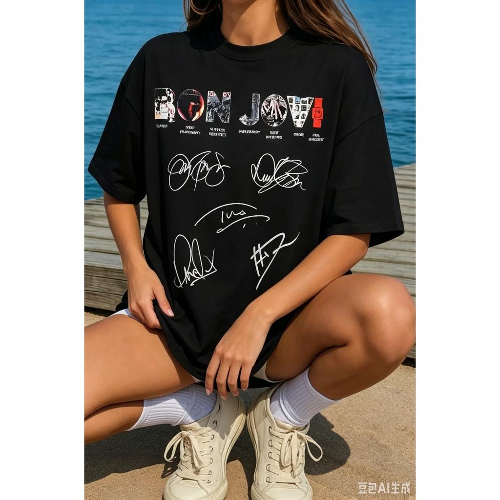 American Rock Band T-shirt Bon Jovi Print Women Men Crewneck Streetwear Oversized Y2k Short Sleeves Loose Comfortable Female Male Clothing
