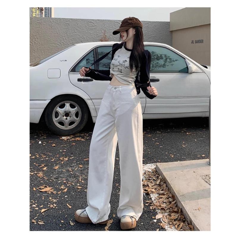 Pantaloni di Jeans Casual da Donna Bianchi a Vita Alta Larghi Gamba Dritta