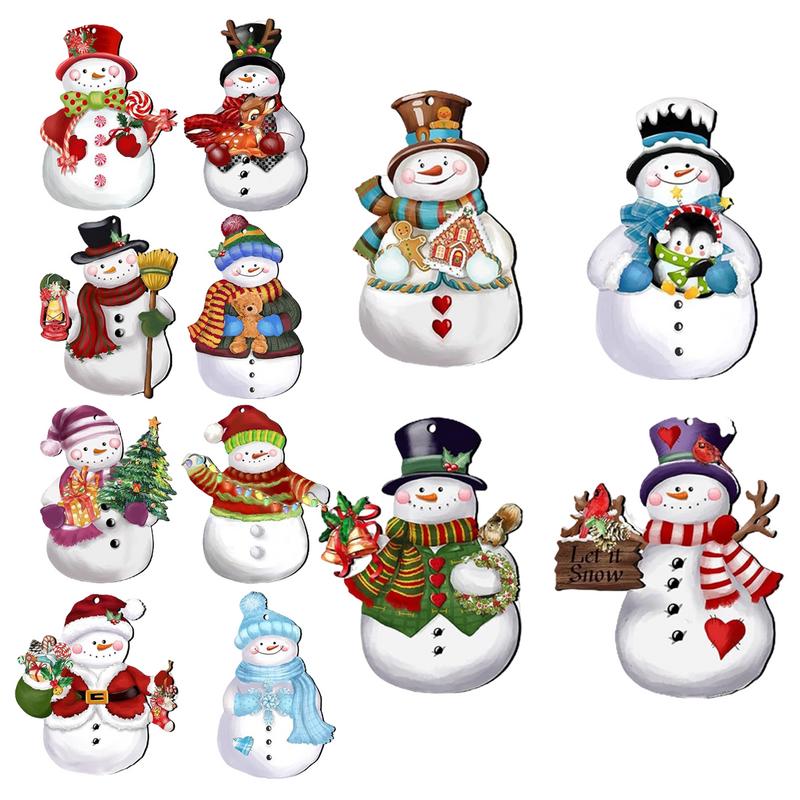 Set of 12 Rustic Christmas Snowman Ornaments Wood Pendant for Tree Decoration Charm for Wall Window Door