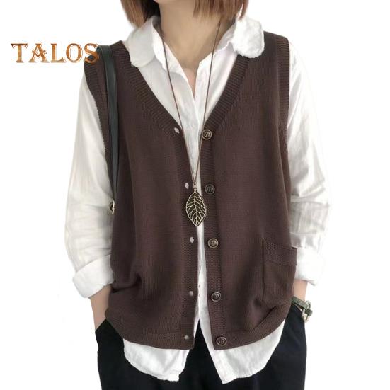 Damska kamizelka dziewiarska z dekoltem w serek, bez rękawów, jednorzędowa, ciepła, jednokolorowa, luźna, dzianinowa, bezrękawnik z kieszeniami