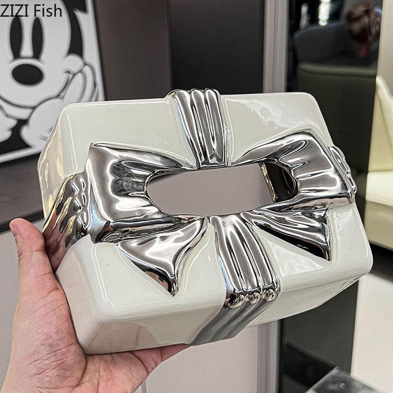 Leichte Luxus-Taschentuchbox mit Schleife, Wohnzimmer, Badezimmer, Keramik, Taschentuchbox, Dekoration, Heimdekoration, Kunst, Servietten-Aufbewahrungsbox, Geschenk