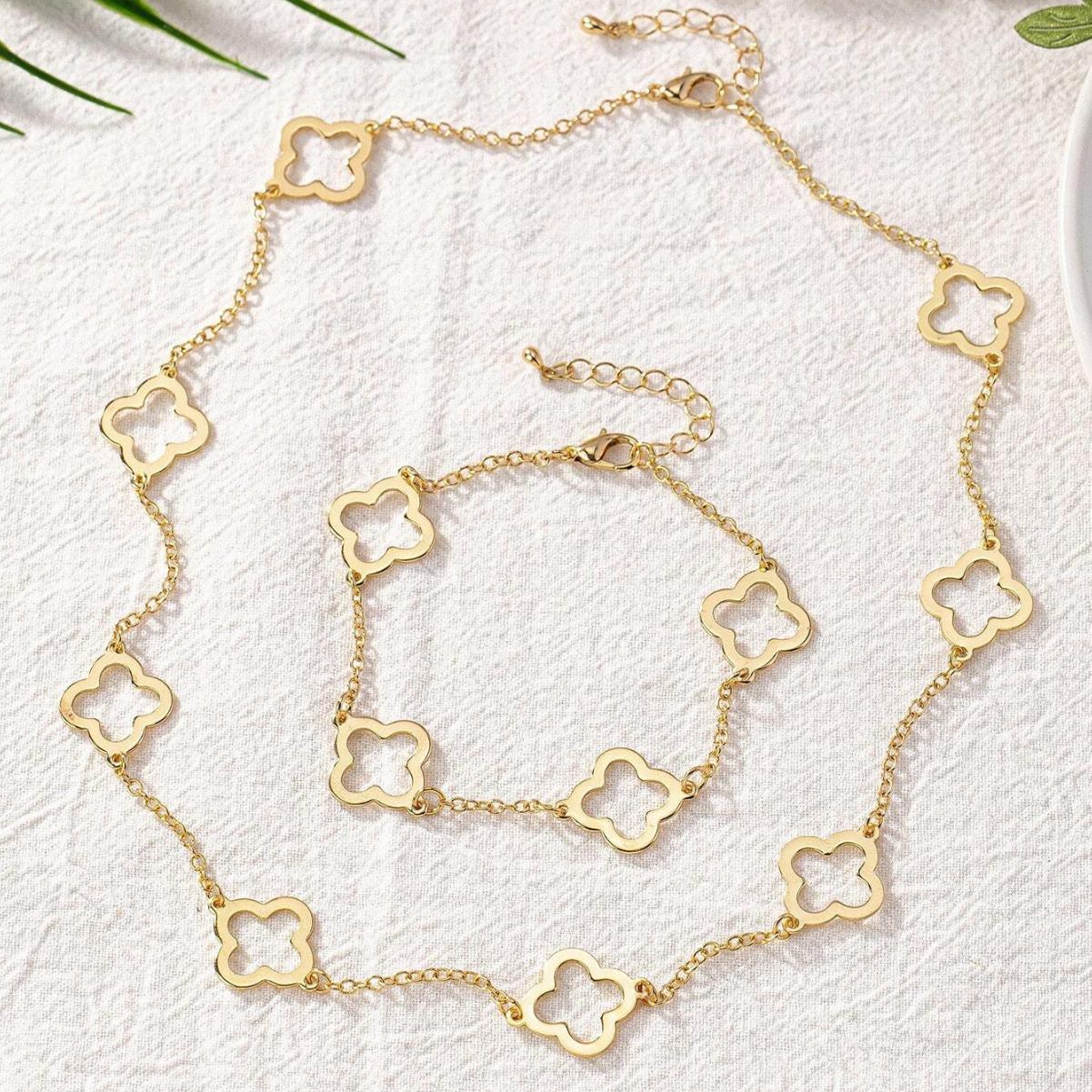

Металлический браслет и ожерелье в виде четырехлистного клевера для женщин золотой