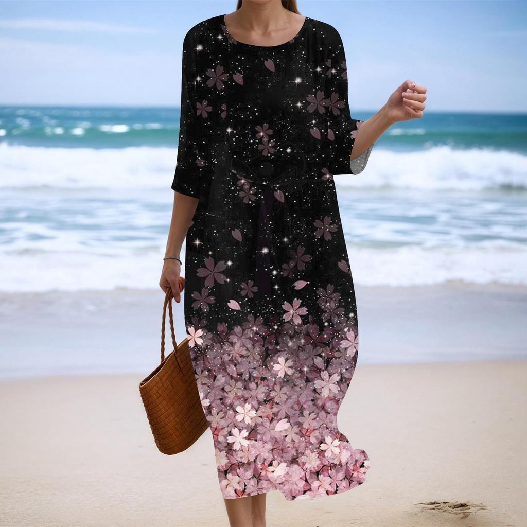 Women's Fashionable Printed Round Neck Seven Quarter Sleeve Loose Dress