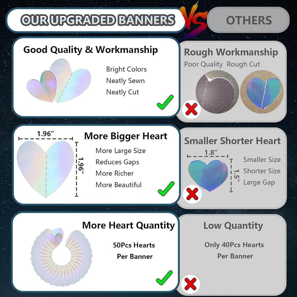 200 Pcs Iridescent Heart-52 FT Garland Party-Decorations Streamers Banner - Disco Kpop Birthday Holiday Girls Dancing Queen Princess Bachelorette