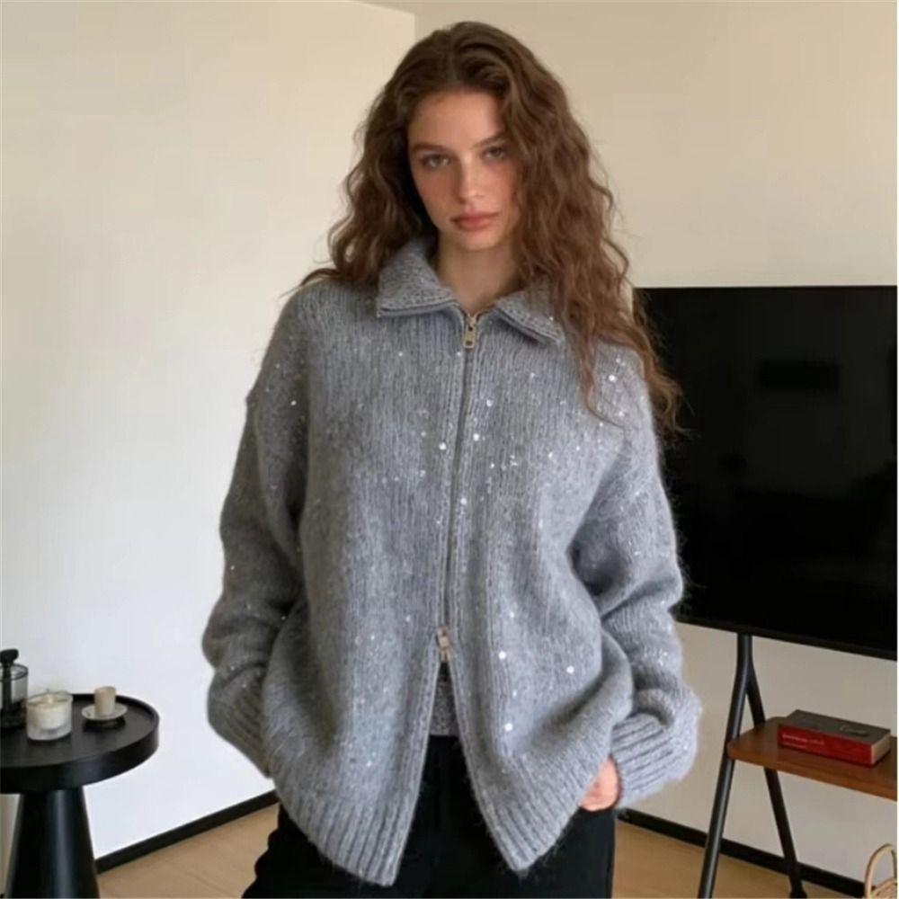 Sparkly Sequin Sequin Knitted Cardigan Stand Collar Long Sleeve Y2K Sweater Glitter Lapel Coat Autumn Winter