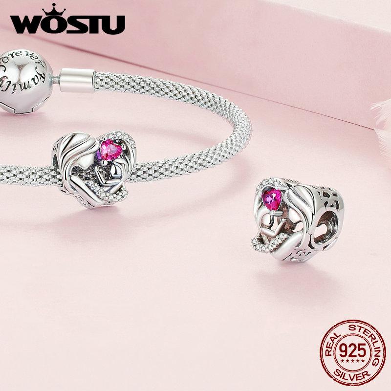 WOSTU 925 Silver Heart Shape Charms Growth Hanging Bead Red CZ Love Affinity Pendant For Original Jewelry Thanksgiving