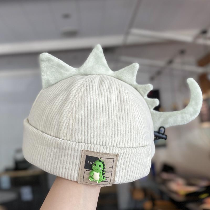 Cute Dinosaur Baby Brimless Hat Winter Corduroy Infant Melon Cap 3D Cartoon Adjustable Drawstring Kids Beanie Caps