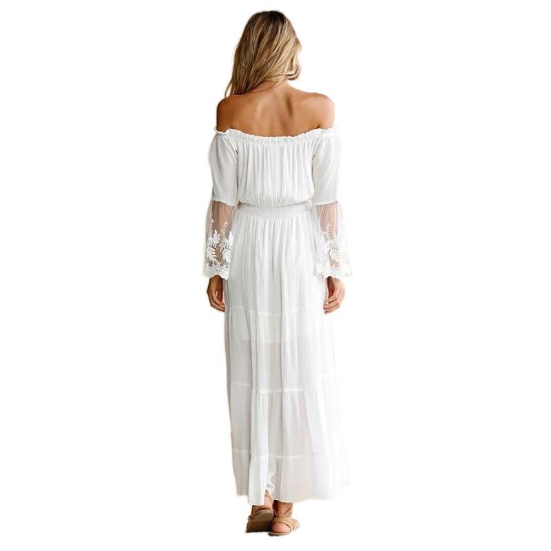 Women's White Chiffon Lace Jacquard Off-Shoulder Evening Gown - Elegant Long Dress for Wedding & Formal Events