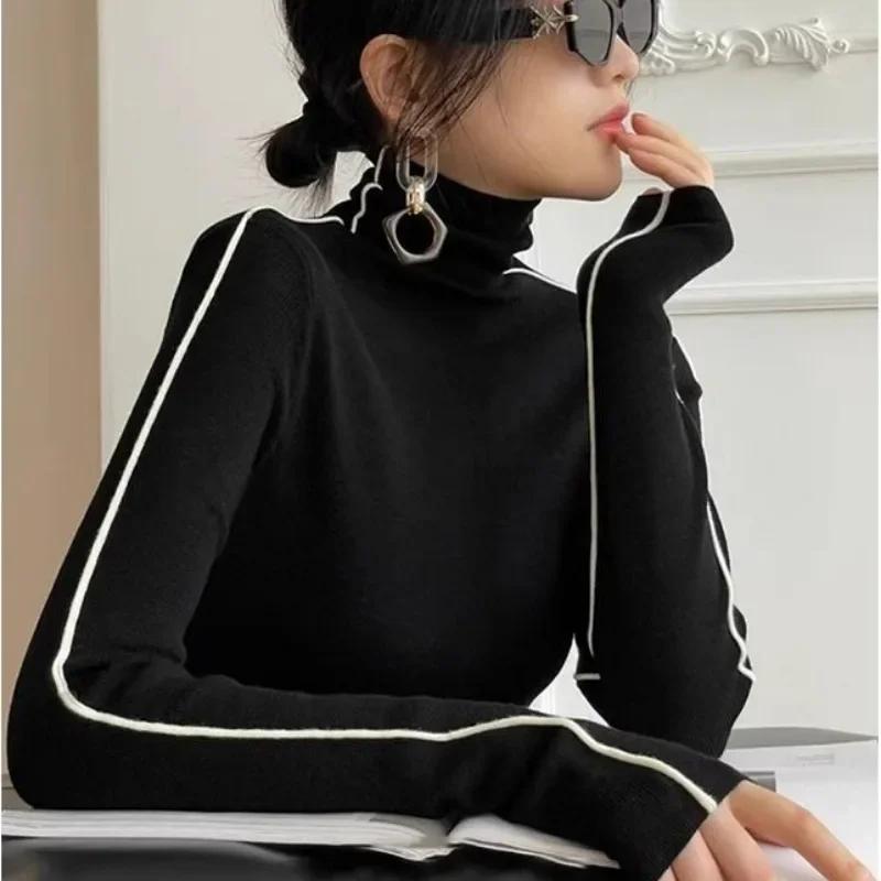 Fashion Turtleneck Pullovers Women Autumn and Winter Slim Fit Long Sleeved Top Elegant Office Lady Sweaters Black White