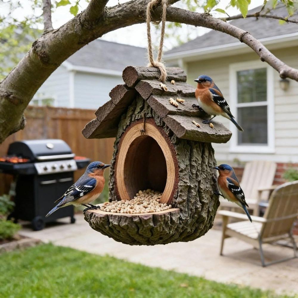 Vintage Baumhaus-Form Vogelhäuschen, Vogelhäuschen zum Aufhängen im Freien, Hausform Offenes Design, Rustikale Holzstruktur, Dekorativ & Funktional