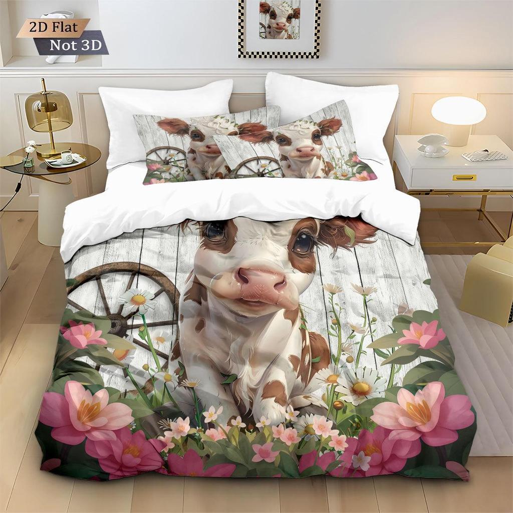 Meikeduo Pink Cartoon Cow Duvet Cover Set - 3-Piece Bedding for Bedroom/Guest Room