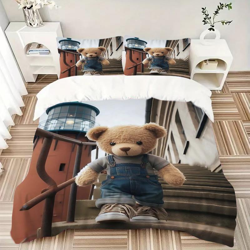 3-teiliges Anime-Teddybär-Bettwäscheset - Enthält einen Bettbezug und zwei Kissenbezüge (Kein Kern) - Polyesterstoff - Perfekt für Schlafzimmer und Gäste