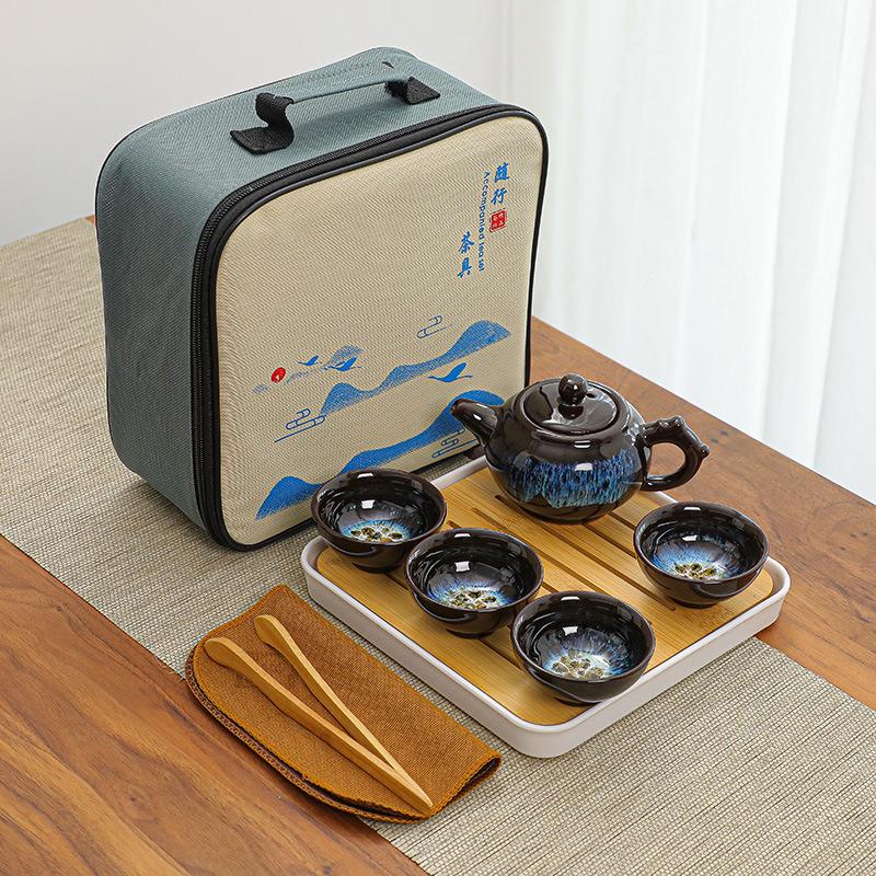 Travel Kung Fu tea set, simple Tianmu glaze brushed sand gold glaze drip pot, real estate business meeting souvenir