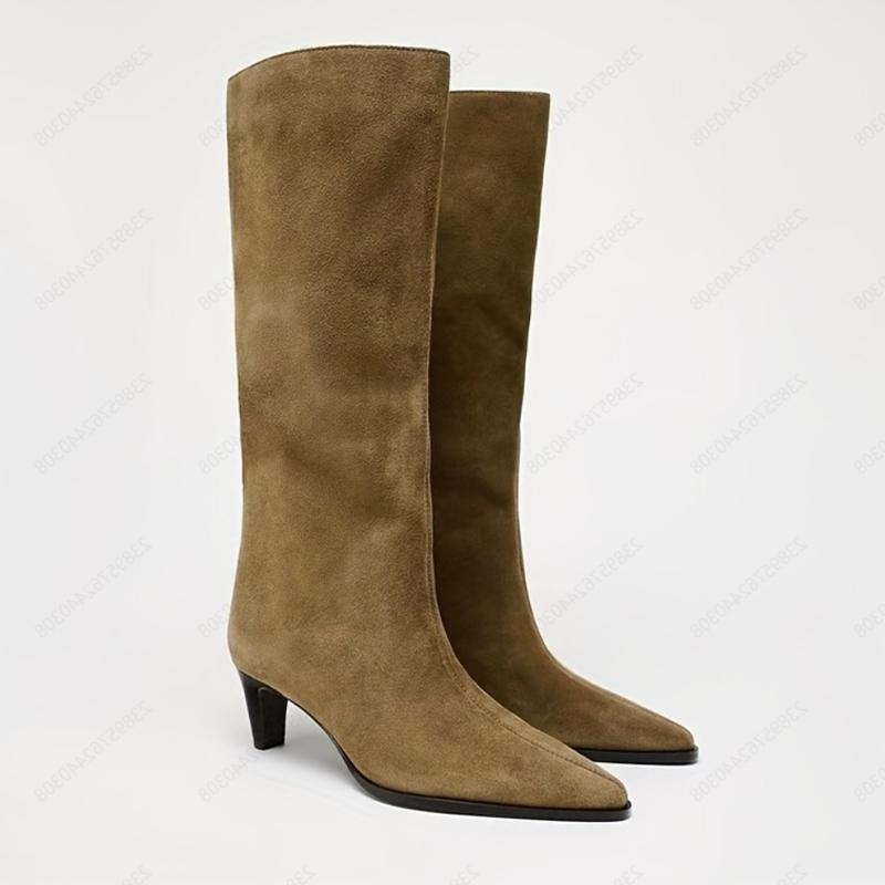 2026 New High Heels Women's High Boots Fashion Dress Pointed Toe Shoes Luxury Knee High Winter Botas Suede Mujer Chelsea Boots