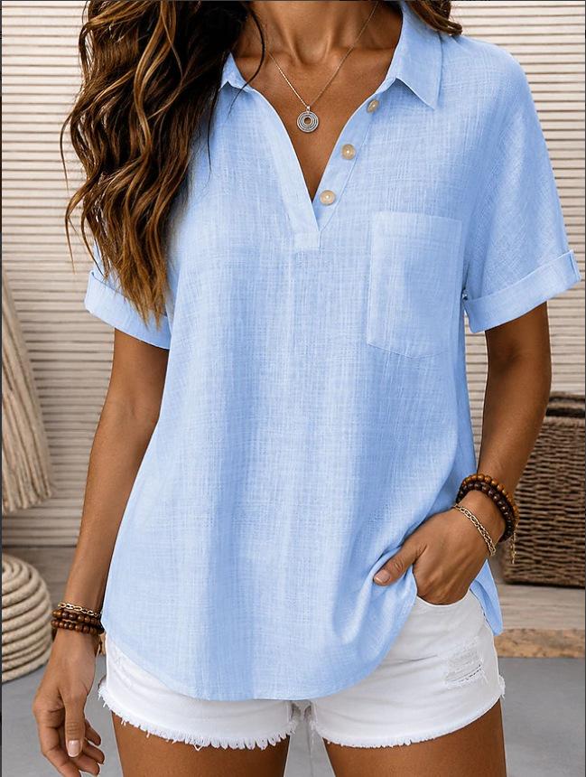 Solid Color Fashion Casual Lapel Short Sleeve Shirt For Women