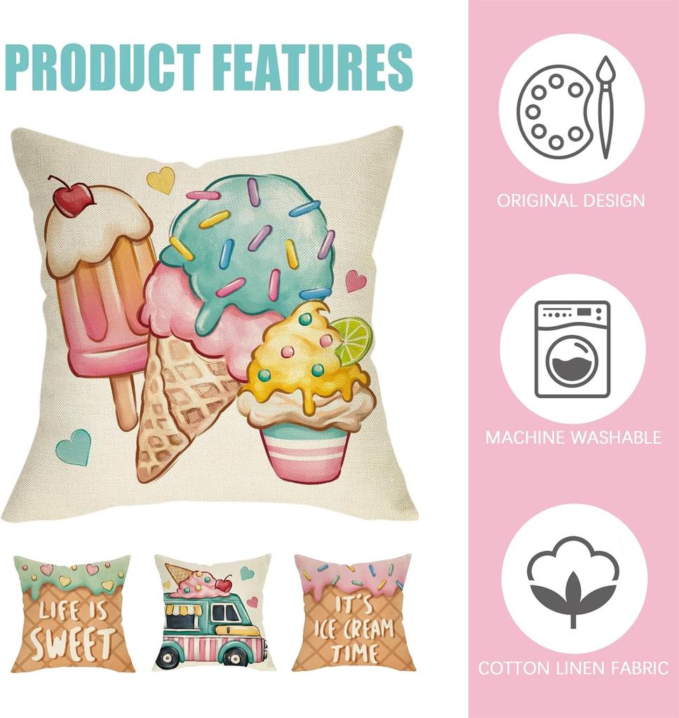 Summer It'S Ice Cream Time Decorative Throw Pillow Covers 18 X 18 Set Of 4, Life Is Sweet Waffle Truck Porch Patio Pillowcase