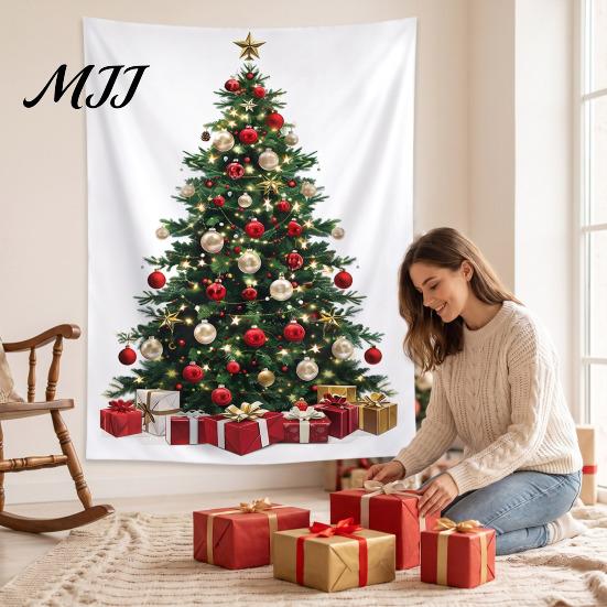 Indoor Holiday Wall Art Merry Christmas Tapestry, Hanging Fabric Backdrop, Xmas Tree Winter Seasonal Room Ornament for Living Room, Bedroom
