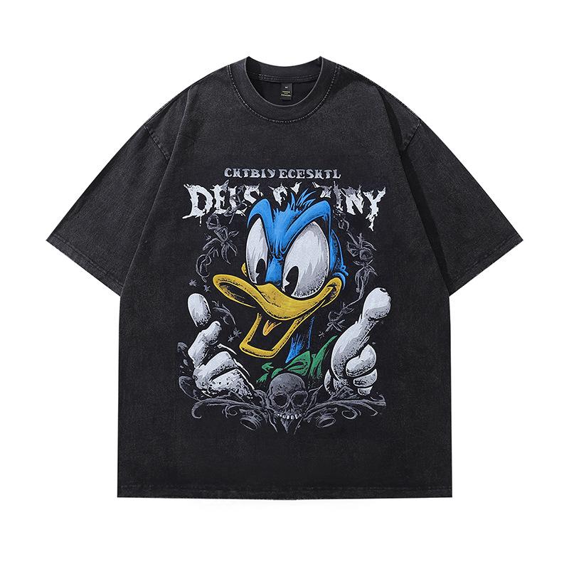 High Street Men'S T-Shirt Beauty Tide Vintage Cartoon Printing Washed Cotton Short Sleeve T-Shirt Men