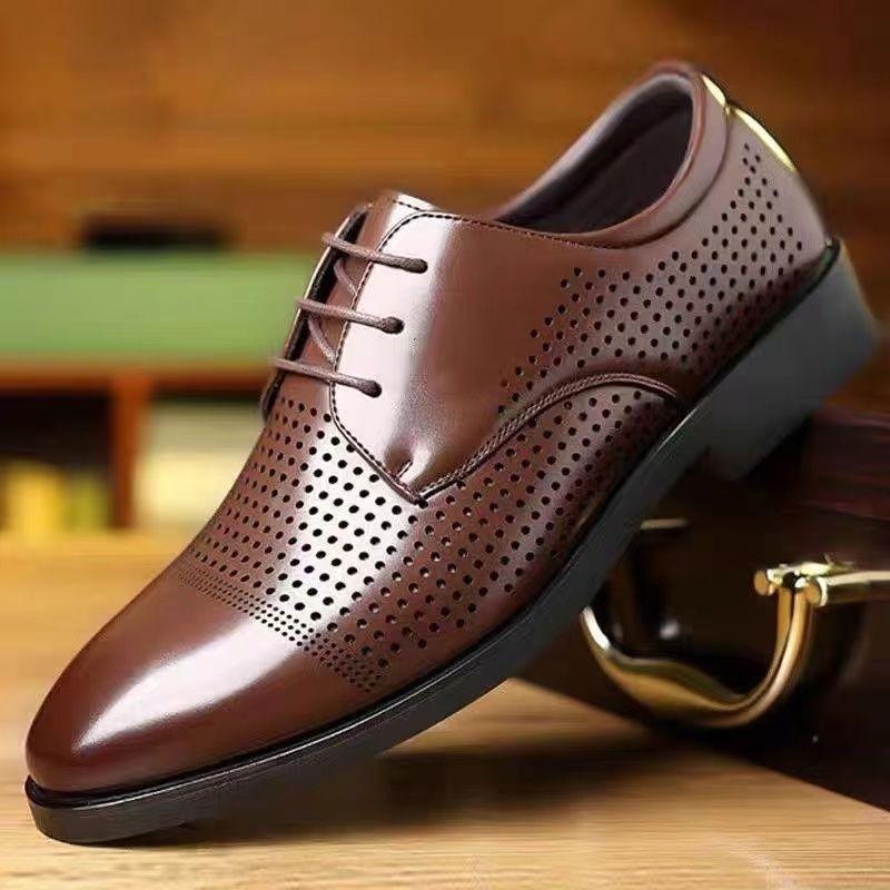 Leather Shoes Men's Summer Business Casual Leather Men's British Dress Black Soft Sole Hollow Breathable Cool Leather Shoes