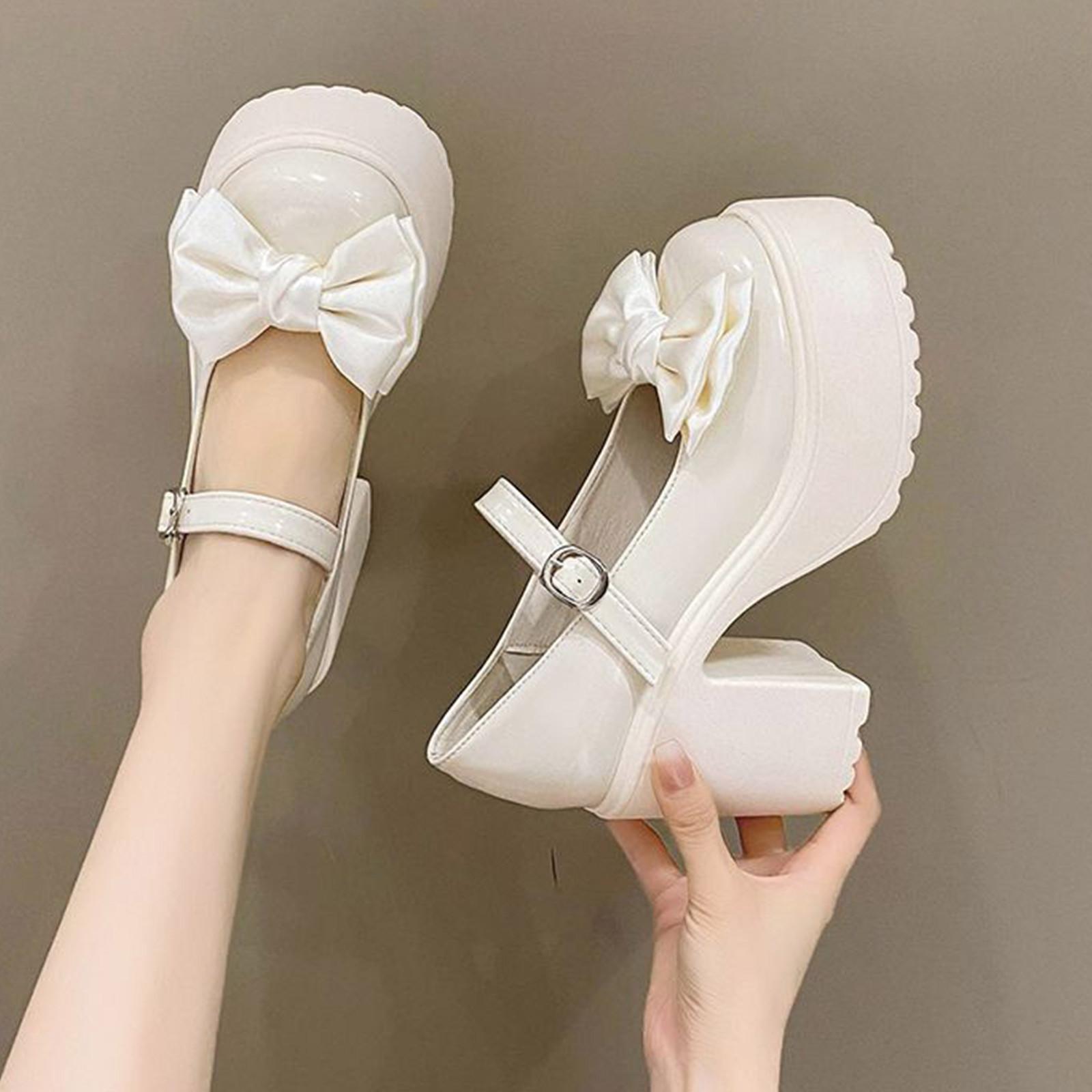 

Туфли на толстой подошве для женщин на весну и осень, толстый каблук, неглубокий носок, одинарный ботинок, пряжка-бантик, женские маленькие кожаные туфли 39 белый