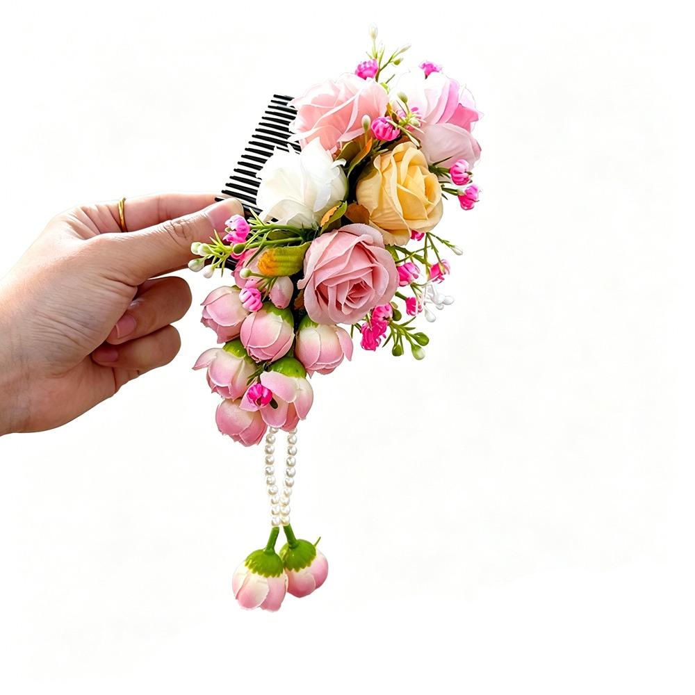 Elegant Flower Hair Comb Pearl Tassel Flower Hairpin Headwear Fixed Combs  Water Splashing Festival Color-2