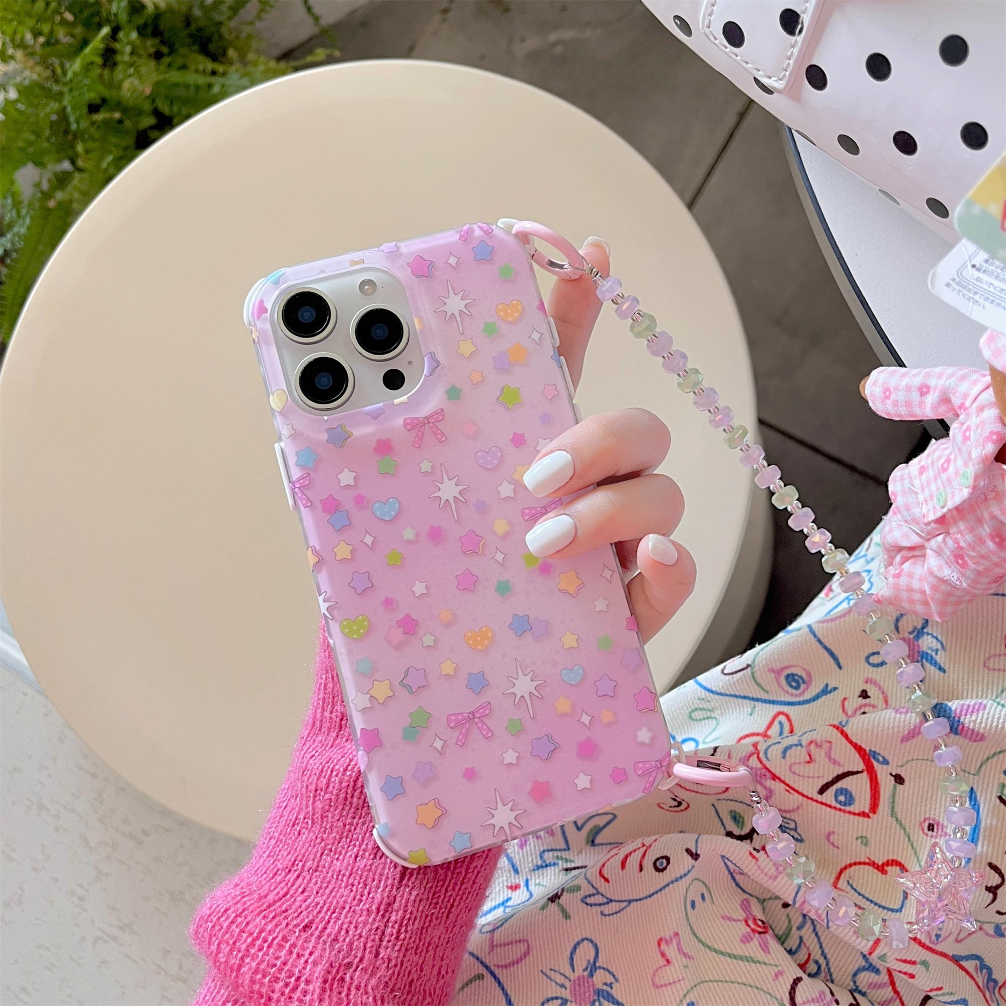 

For iPhone 15 Pro Max Case IMD Star Design TPU Phone Cover with Beaded Strap Blue