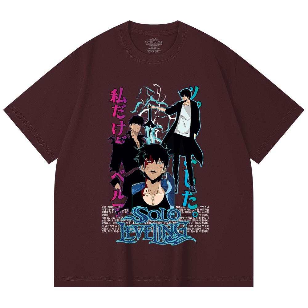 

230 Gsm 100% Cotton Solo Leveling V2 Sung JinWoo Print Unisex Heavy Cotton T Shirt 2XL вина червоного кольору
