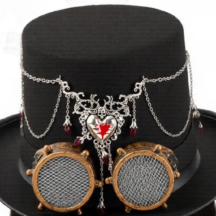 Gothic Industrial Top Hat With Functional Heart Pendant Mechanism And Adjustable Steampunk Eyewear For Cosplay Event