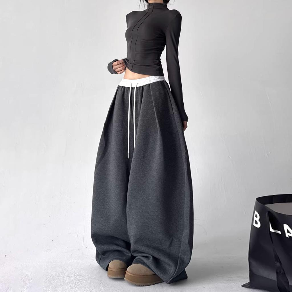 Spring and Autumn Simple Sports Style Contrasting Colors Double Waist Drawstring Casual Pants Women's Gray Loose Straight Wide-leg Pants