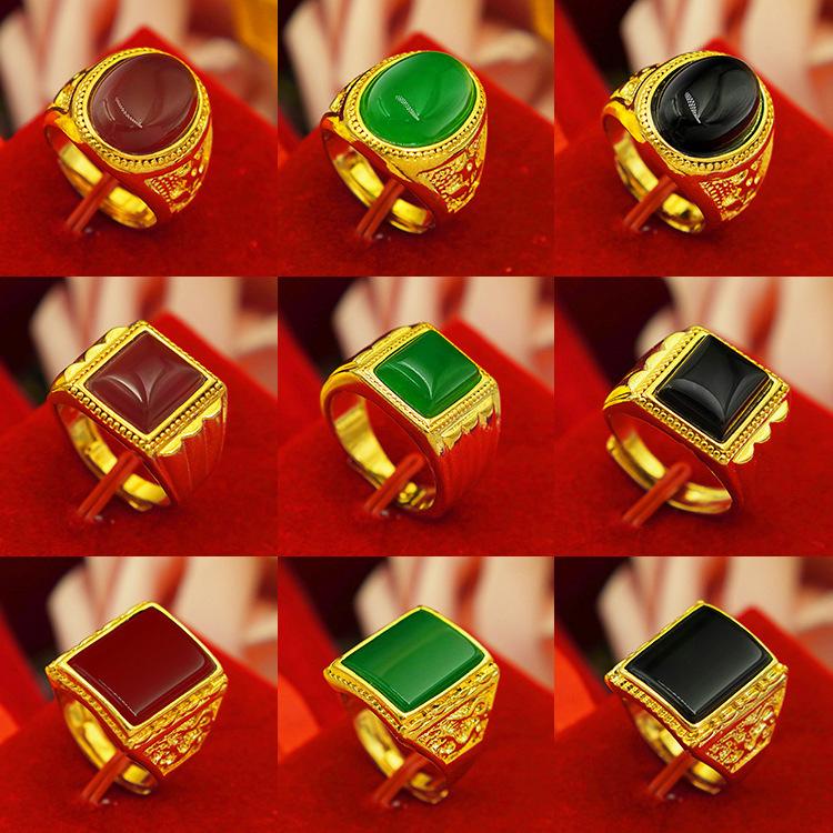 Men's Gold-Plated Brass Ring with Obsidian Sand and Agate