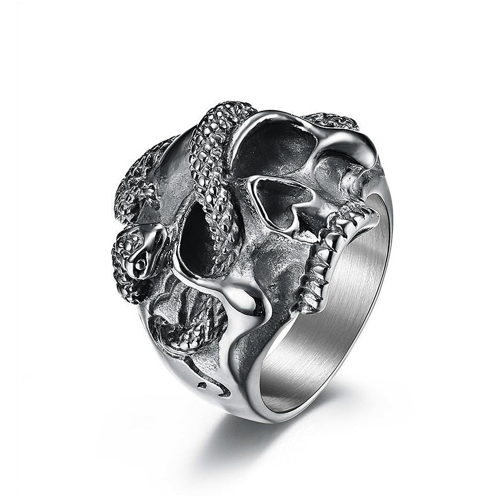 Gothic Stainless Steel Skull Snake Ring for Men Punk Hip Hop Steel/Gold Color Skull Rings Fashion Jewelry Gift Wholesale