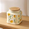 Ceramic Jar with Wooden Lid Decorative Lemon Pattern Canister Airtight for