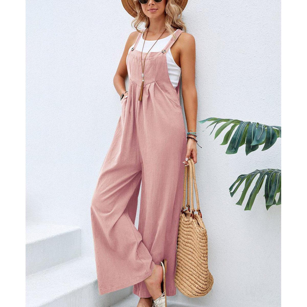 

Женский летний комбинезон на бретельках, повседневный свободный пляжный комбинезон без рукавов с широкими штанинами, комбинезон с карманами L розовый
