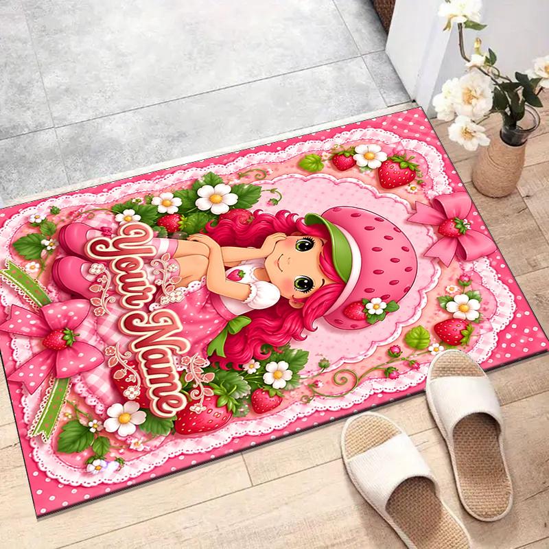 Princess Strawberry Design Area Rug Personalized Name- Non-Slip, Soft & Cozy Floor Mat for Living Room, Office - Indoor/Outdoor Carpet