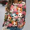 Flowers Cat  Long Sleeves Women Colorful Animal 3D Clothing  Tops O-Neck Cotton Clothes T-Shirt