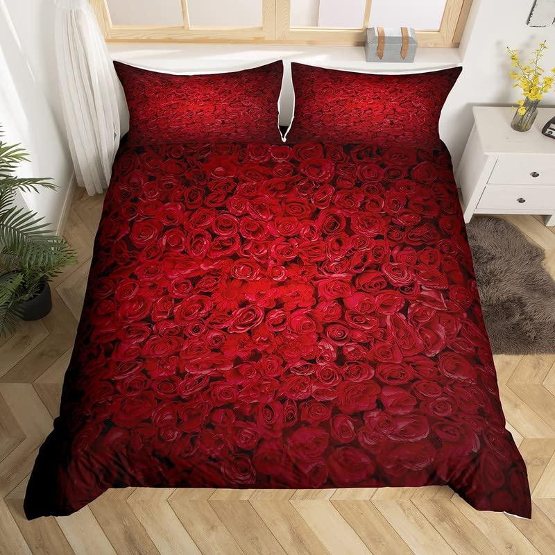 Red Rose Duvet Cover Set King Size for Girls Water Drops Bedding Set Romantic Rose Flowers 2/3pcs Comforter Cover for Couples