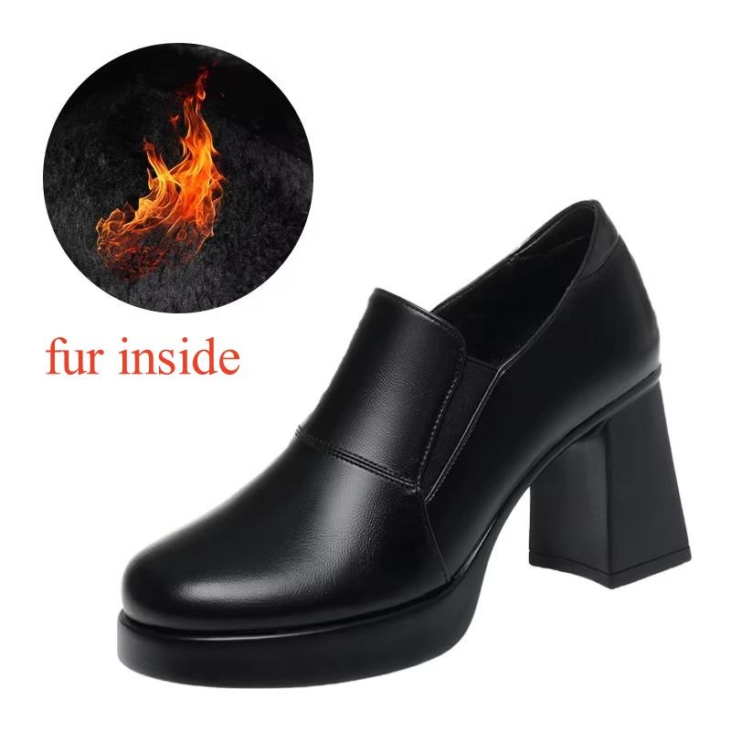 8cm Breathable Comfortable Deep Mouth Soft Leather Shoes Platform Pumps 2025 Spring Trend Block High Heels Shoes with Fur Black