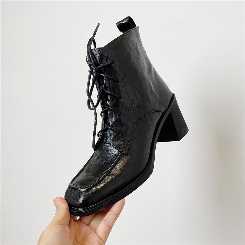 Quiet Sole Soft Leather Ankle Boots Women's Autumn Winter Thick Heel High Heel Lace-up Ankle Square Head High Heel Short Boots