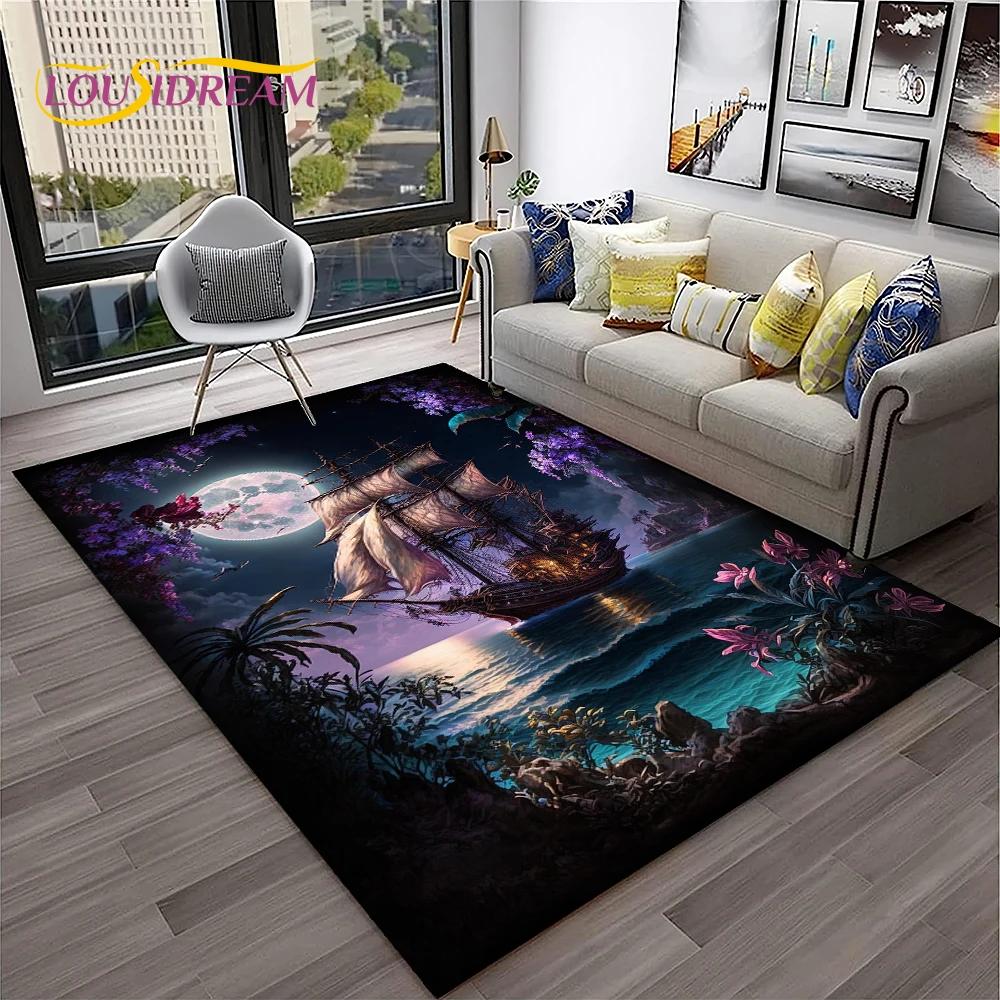 3D Piratenschiff Boot, Segelboot, Barke Teppich für Zuhause Wohnzimmer Schlafzimmer Sofa Fußmatte Dekor, Kinderbereich Teppich Rutschfeste Bodenmatte