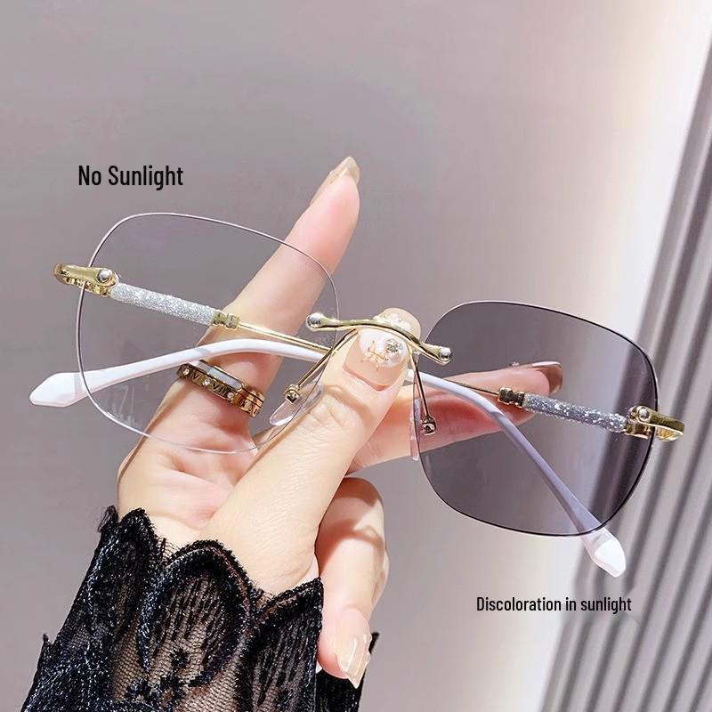 Women's Rimless Anti-Blue Light Myopia Glasses with Photosensitive Color-Changing and Star Design - Large Frame