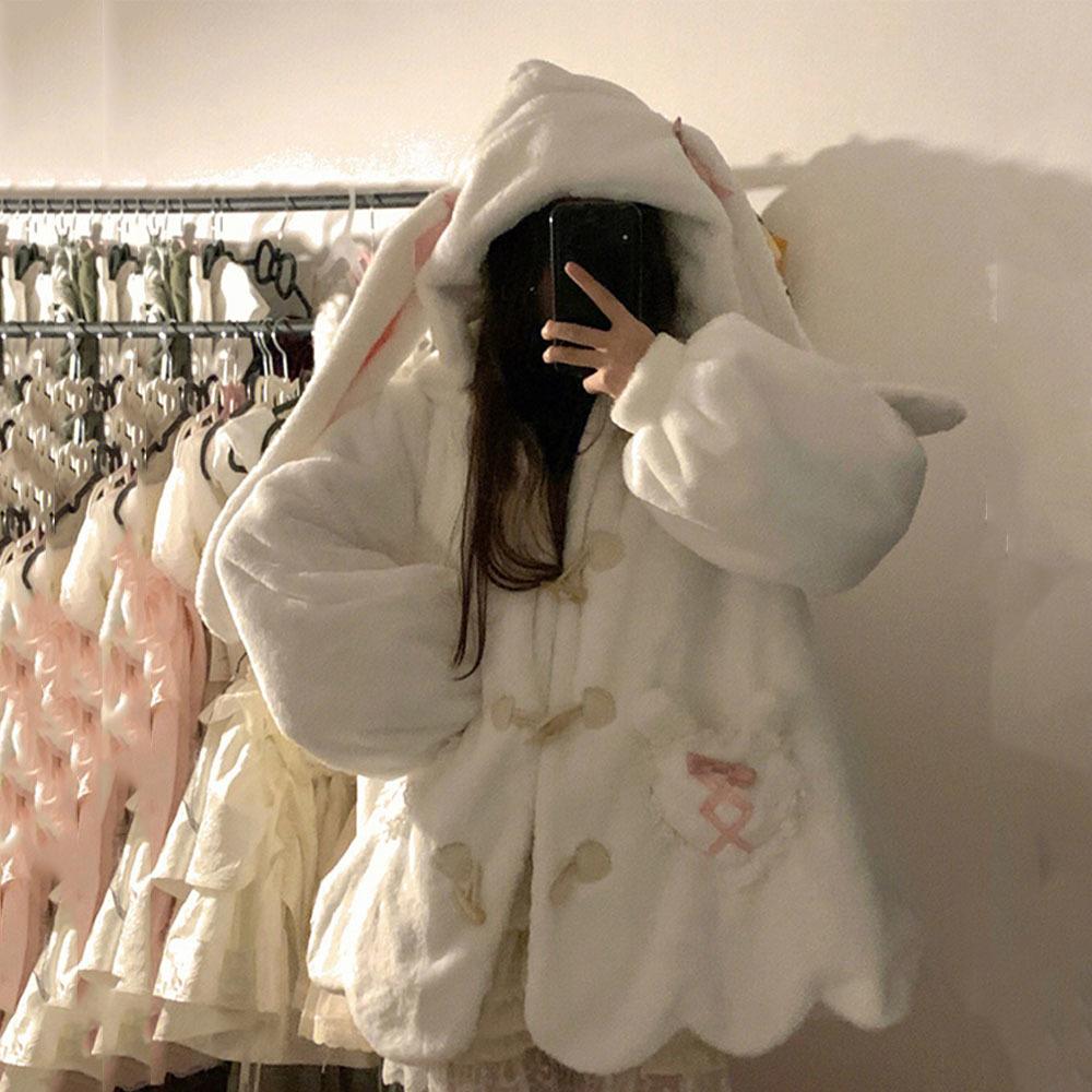 Höst Vinter Söt Varm Färgblock Fuskpälsjacka Hoodie Dam med Björnöron Fluffig Jacka