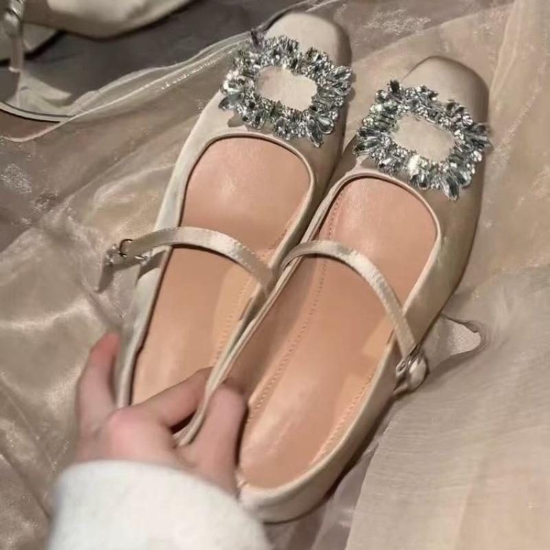 Inside Heightened Kitten Heel Autumn New Square Toe Shallow Mouth Rhinestone Square Buckle One-band Non-slip Single Shoes