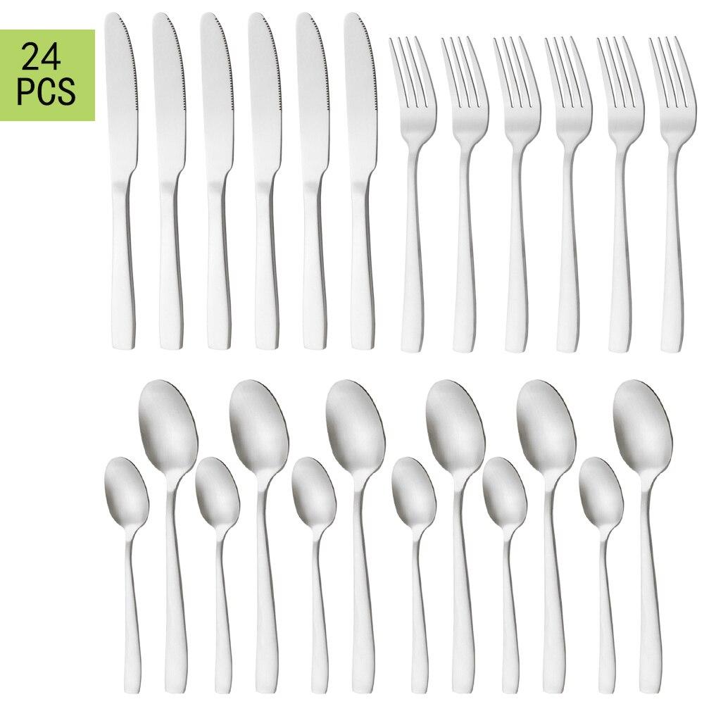 24ks Černé nádobí Nerezové příbory Večeře Nůž Lžíce Vidlička Dezertní lžičky Západní kouskové nádobí Sada kuchyňského nádobí