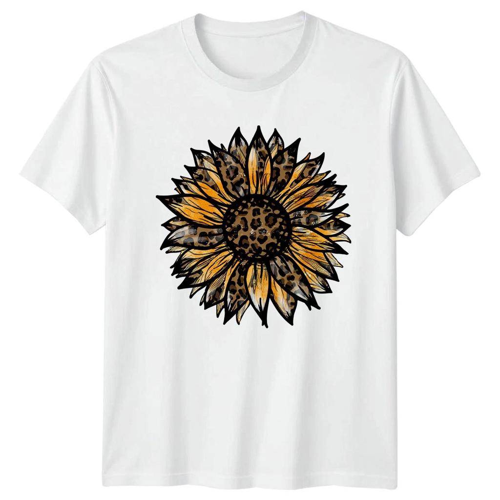 Leopard Sunflower Womens T-Shirt Western Floral Birthday Gift For Her