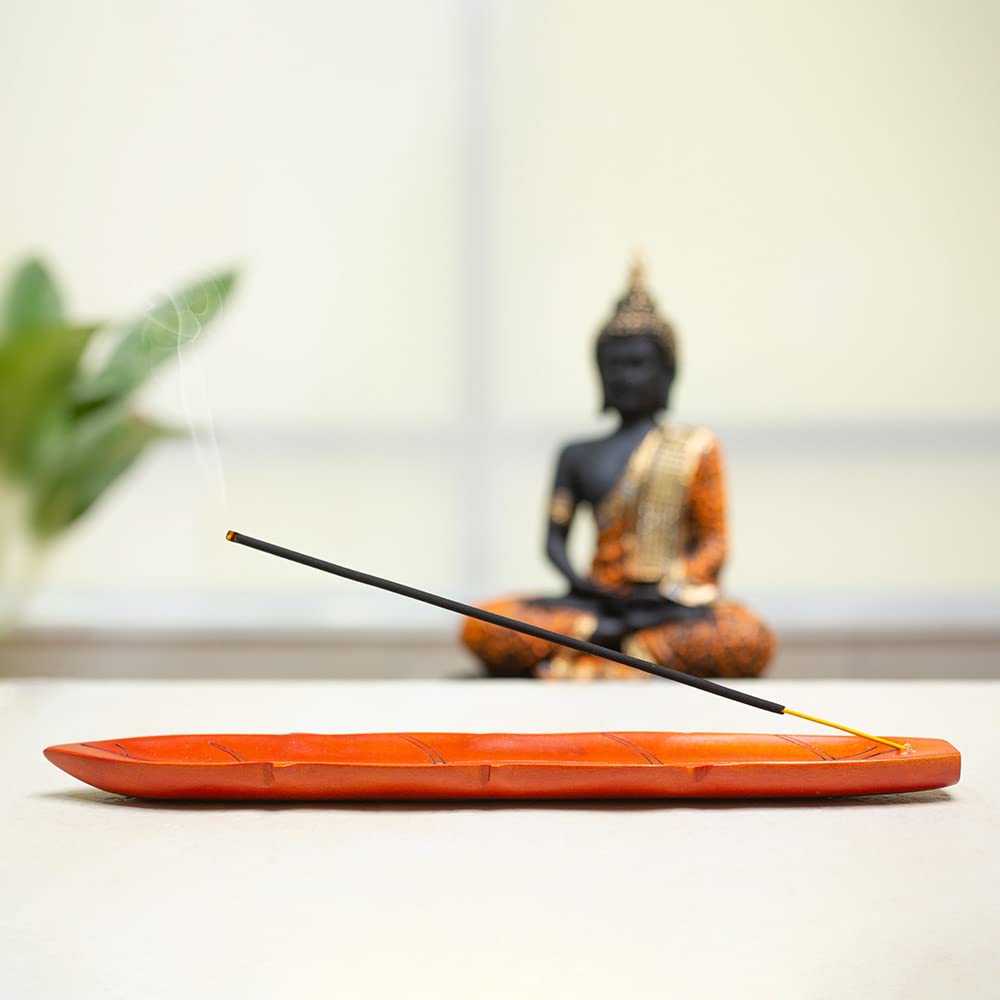 Soulveda Cycle Pure Wooden Agarbatti Stand with Ash Catcher  (Orange) Leaf Shape Teak Wood Holder for Home Office